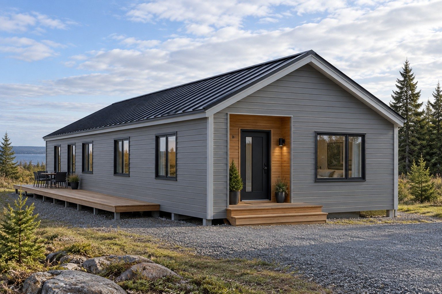 Concept single-storey steel-framed base home with timber entry and front deck