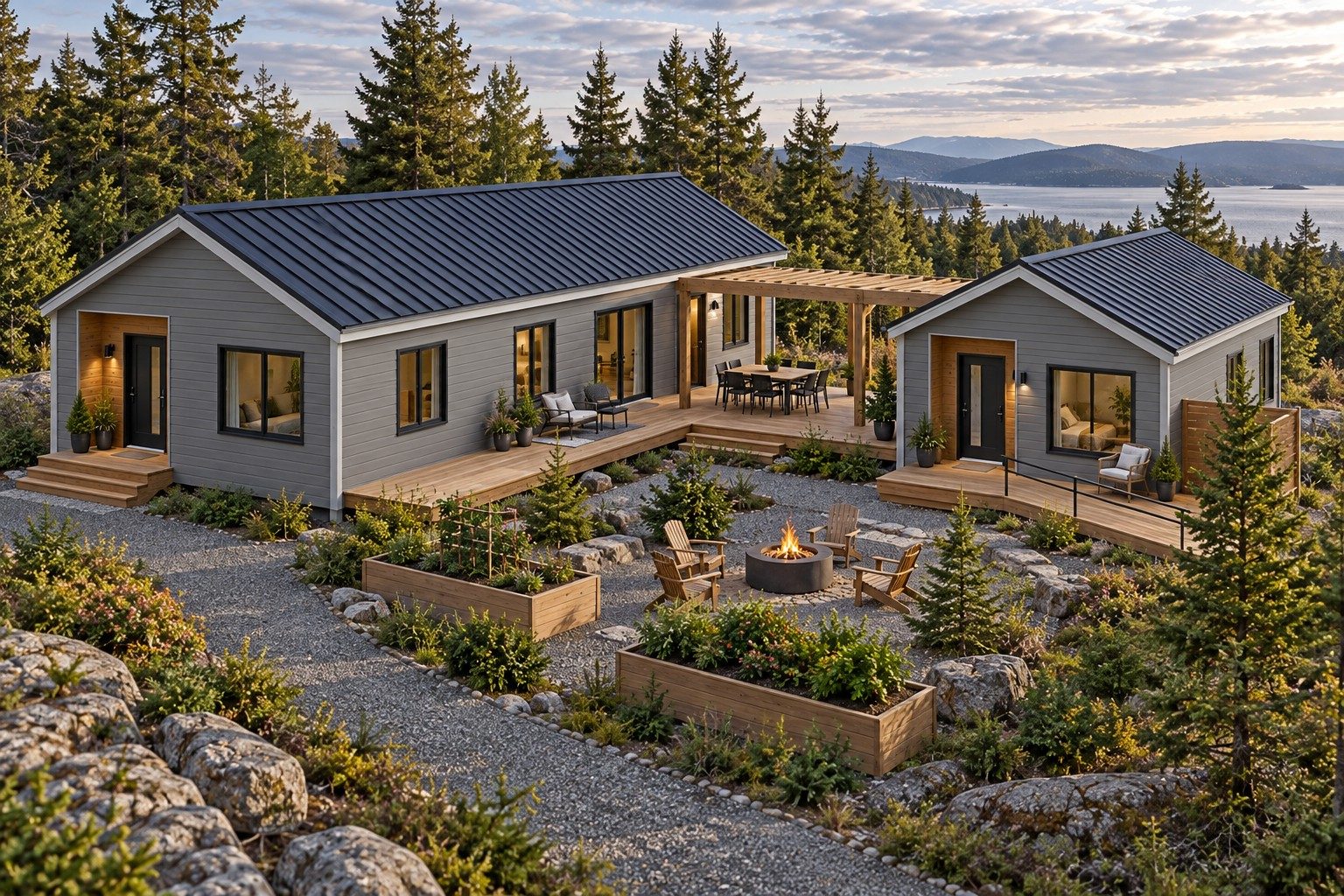 Concept multigenerational compound with a main home and elder cottage sharing a garden