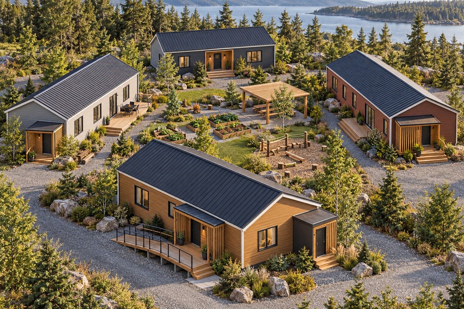 Concept neighbourhood of varied homes arranged around a shared green