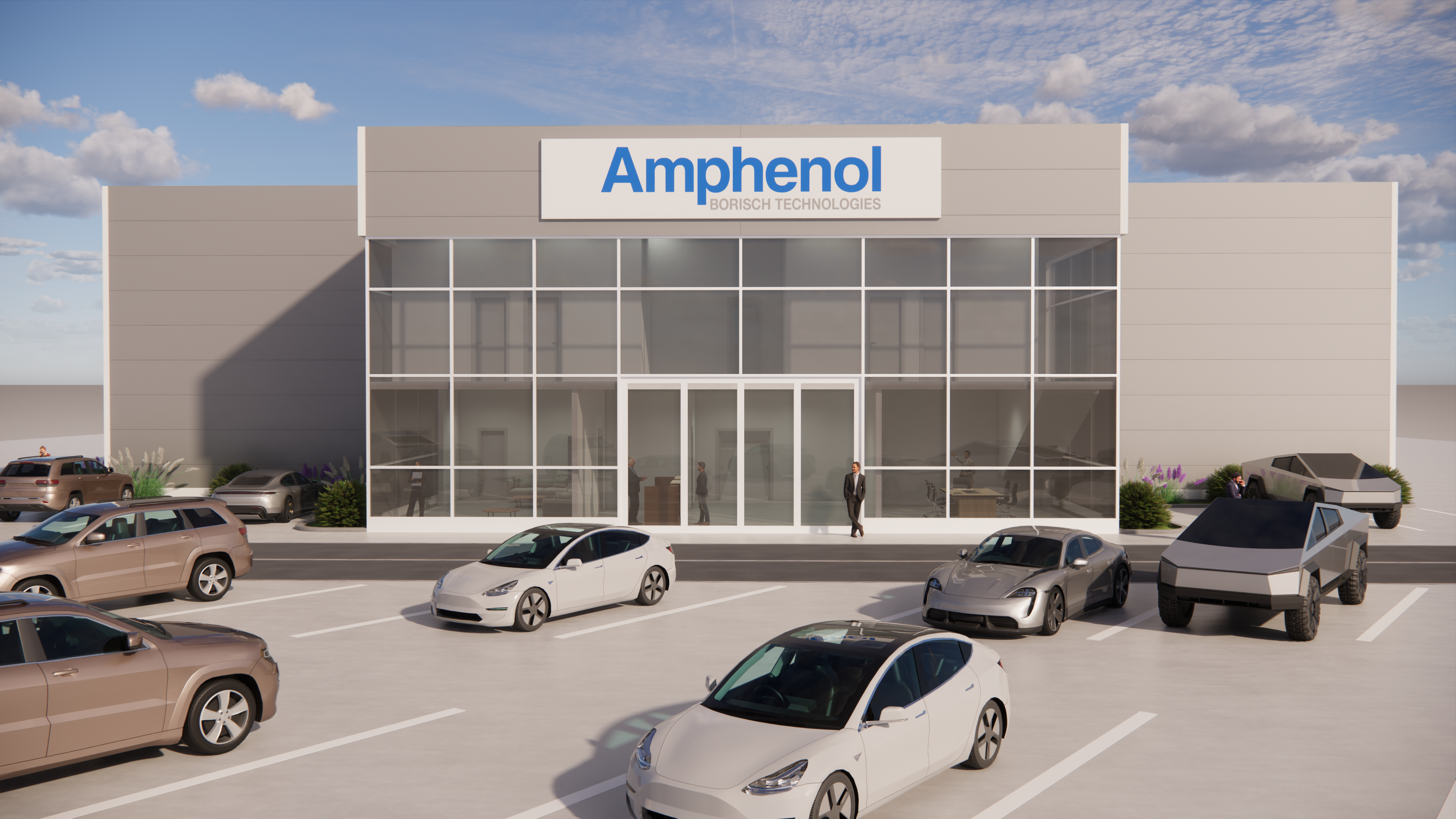 Amphenol Borisch Technologies facility render in London, Ontario — modern steel-framed industrial building