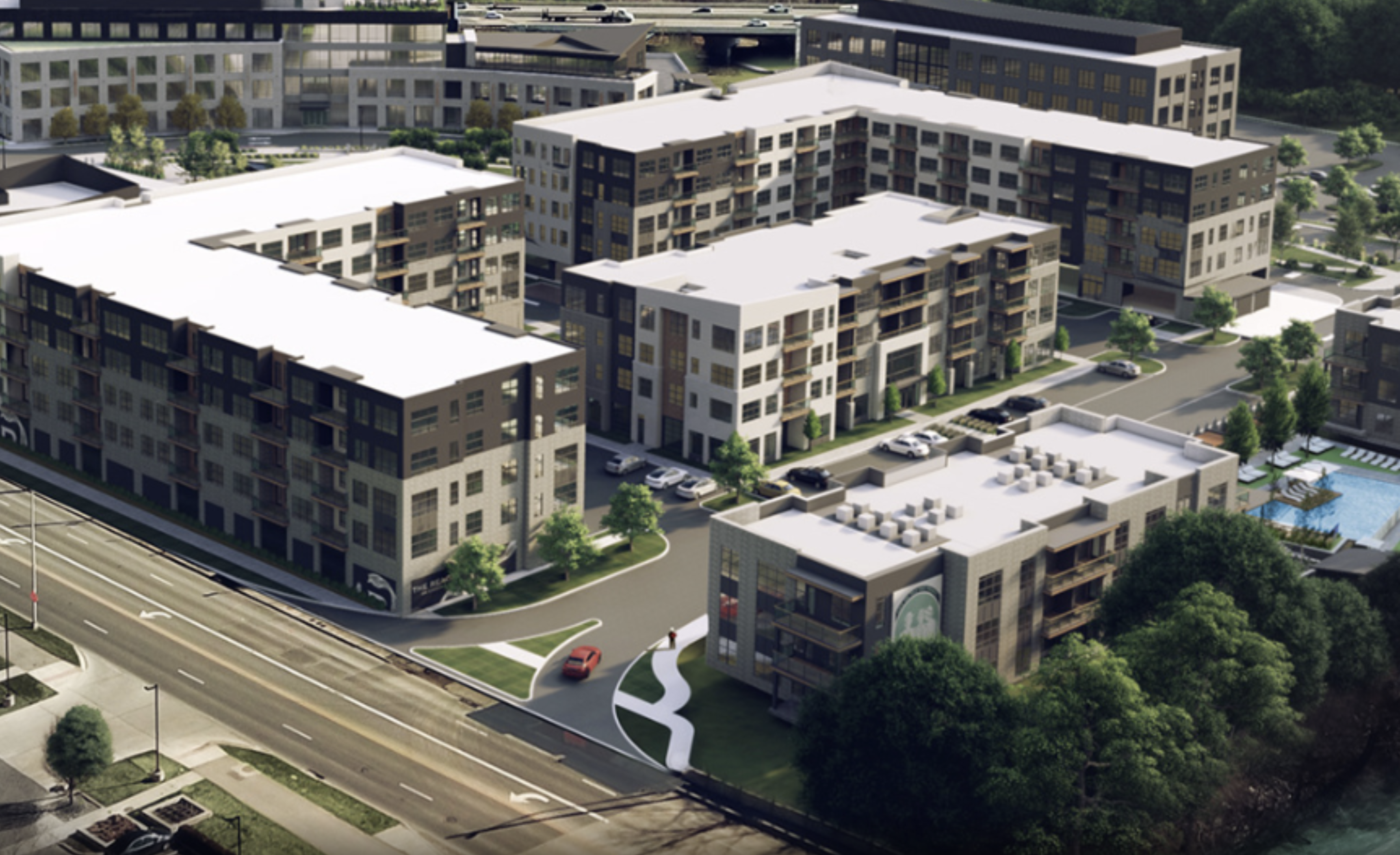 Aerial view of modern mid-rise residential apartment complex development