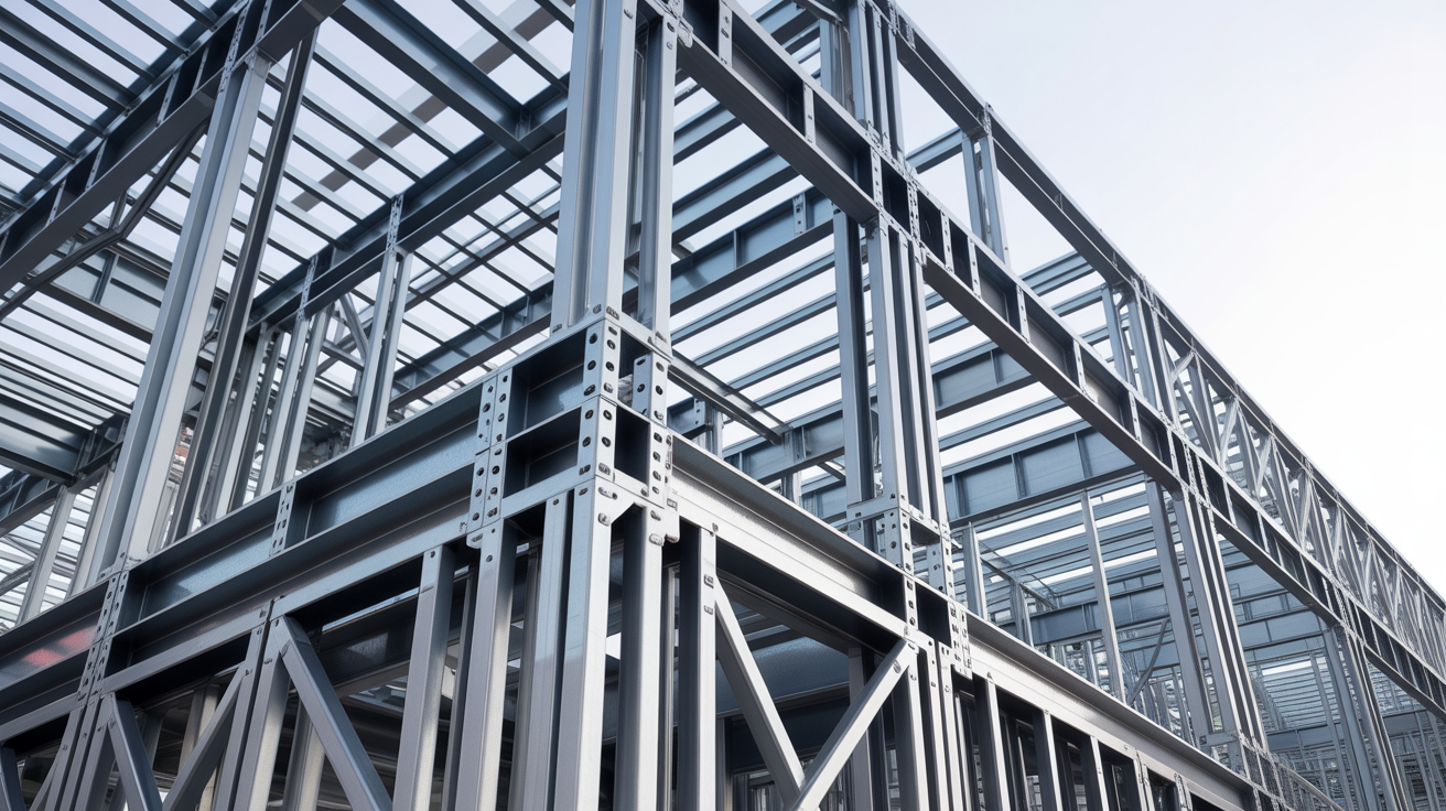 Close-up of a cold-formed steel structural frame with bolted connections